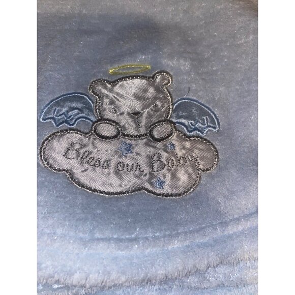 Baby Starters Blue Bless Our Baby Blanket Nursery Swaddle 29” X 26” Angel Bear - Picture 2 of 8